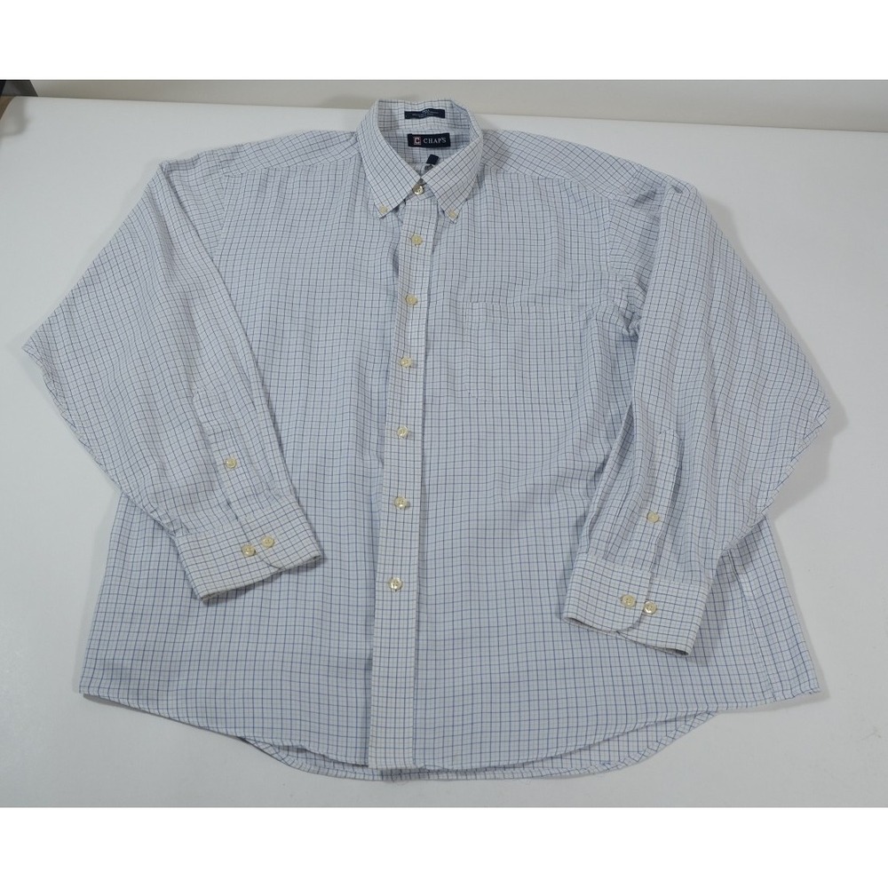 Chaps Button Up Shirt Men XL Blue White Grid Plaid Wrinkle Free Twill Sleeve